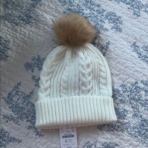 J. Crew Factory Cream Knit Beanie with Tan Pom-Pom